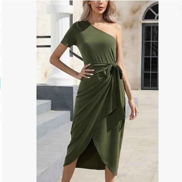 EXLURA Women's Green NWT One Shoulder Bodycon Midi Dress Size Small 🐈 - Picture 7 of 12